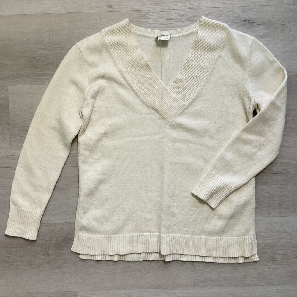 Anthropologie Sweater Cream V Neck Ribbed Trim Womens XS